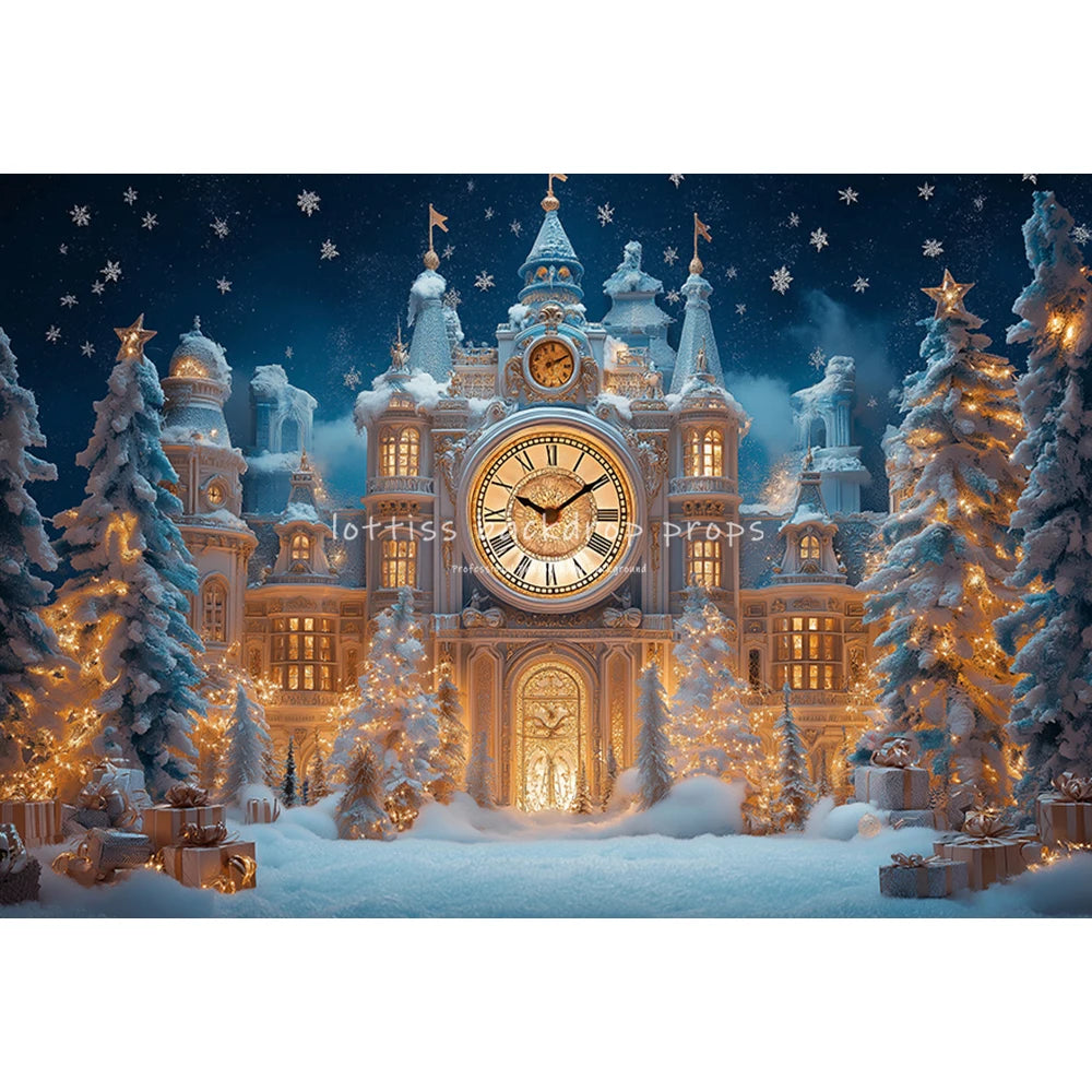 New Year Bell Big Clock Backdrops Kids Adult Photography Child Baby Photocall Winter Snowy Castle Christmas Trees Backgrounds