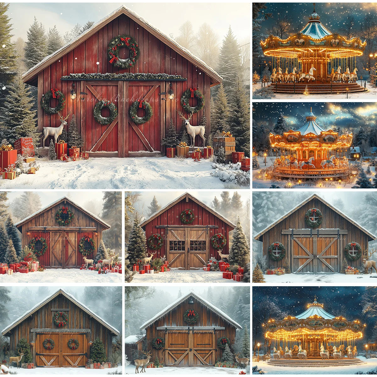 Christmas Backdrop Wooden Barn With Large Doors Kids Baby Cake Smash Photocall Decors Themed Carousel Studio Backgrounds