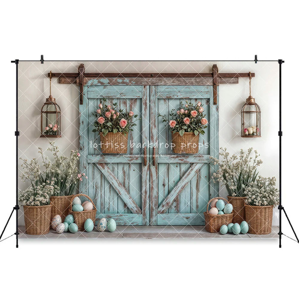 Easter Spring Barn Doors Backdrops Kids Adult Photography Wooden Barn Door Bunny Eggs Garden Entrance Floral Garden Backgrounds