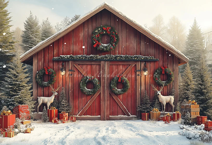 Christmas Backdrop Wooden Barn With Large Doors Kids Baby Cake Smash Photocall Decors Themed Carousel Studio Backgrounds
