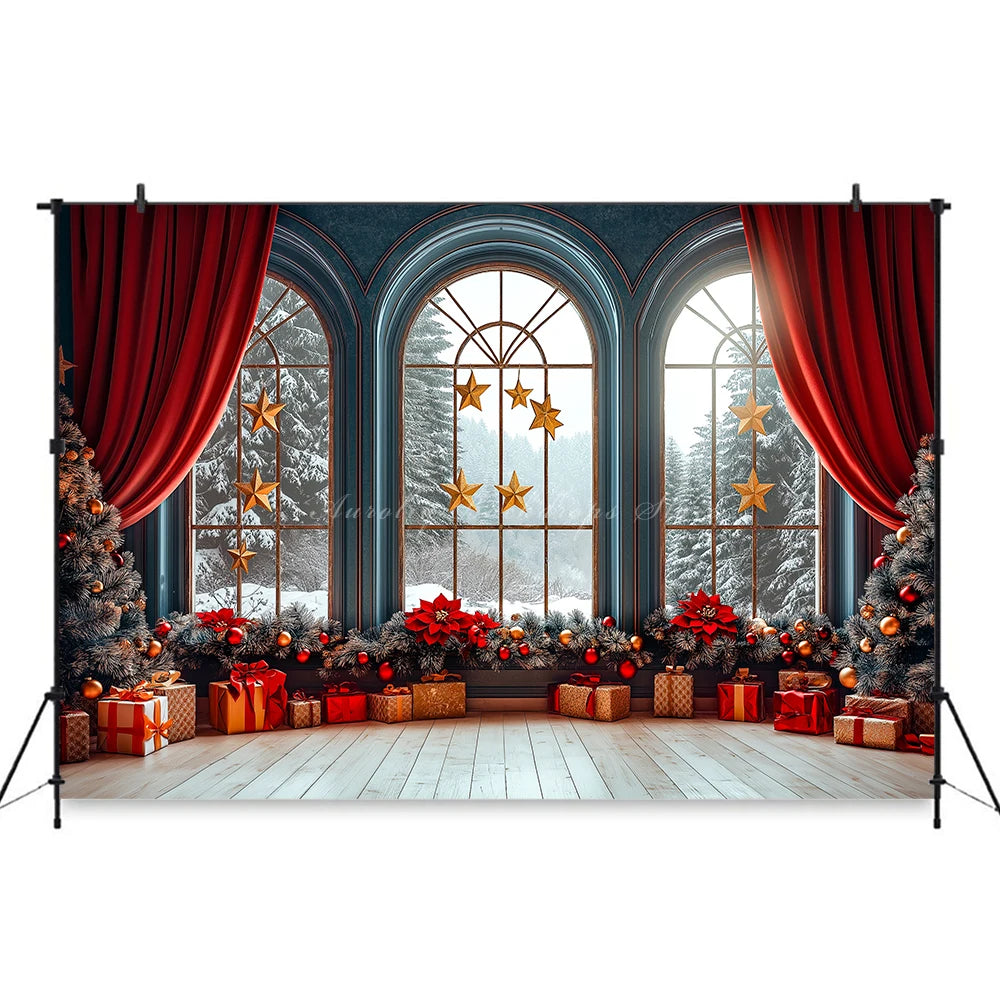 Large Window With Arched Frames and Red Curtain Photography Backdrop Baby Kids Portrait Family Party Photocall Decors
