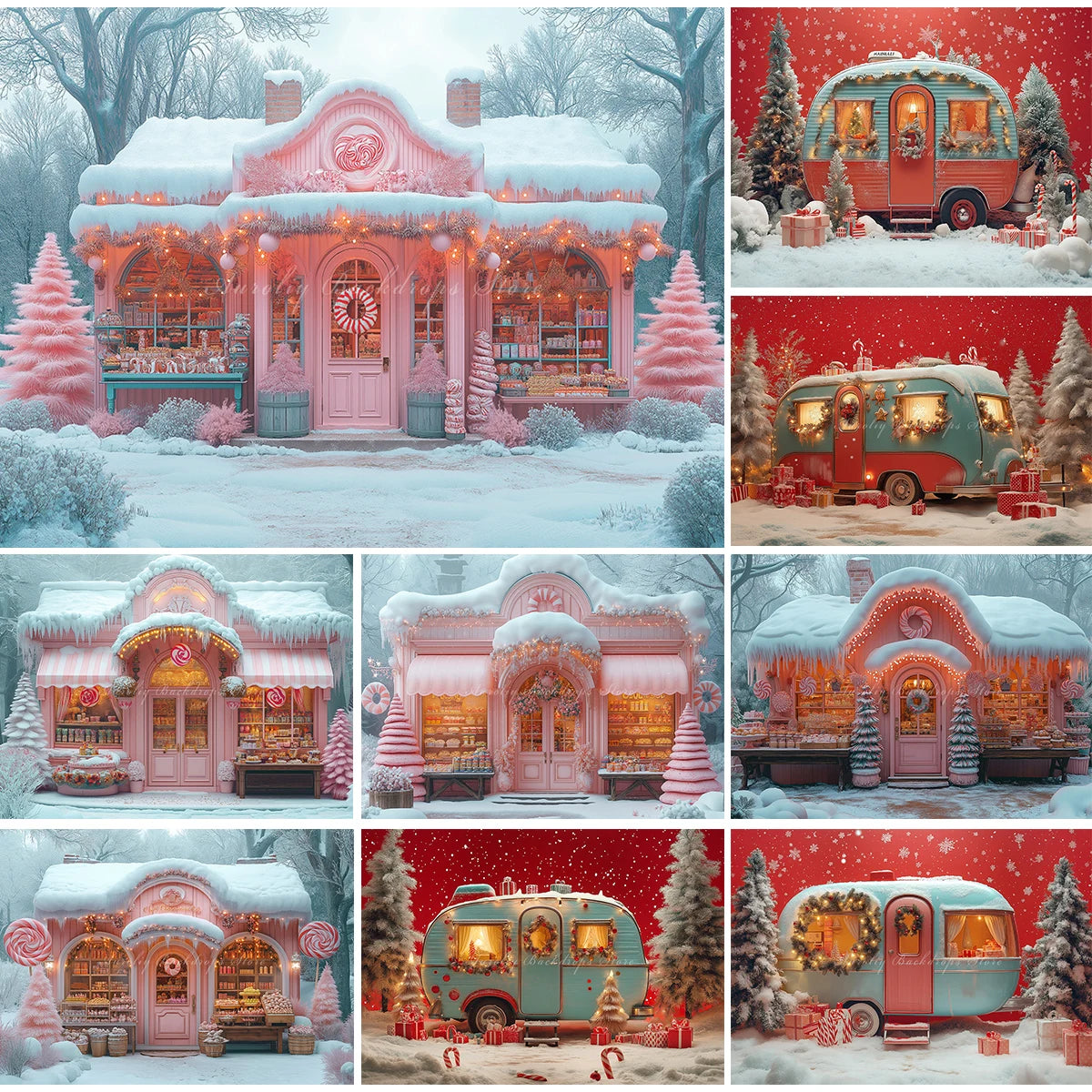 Cute Candy Store Decorated With Pastel Colors Photo Backdrop Vintage Trailer With Christmas Tree Kids Baby Cake Smash Background