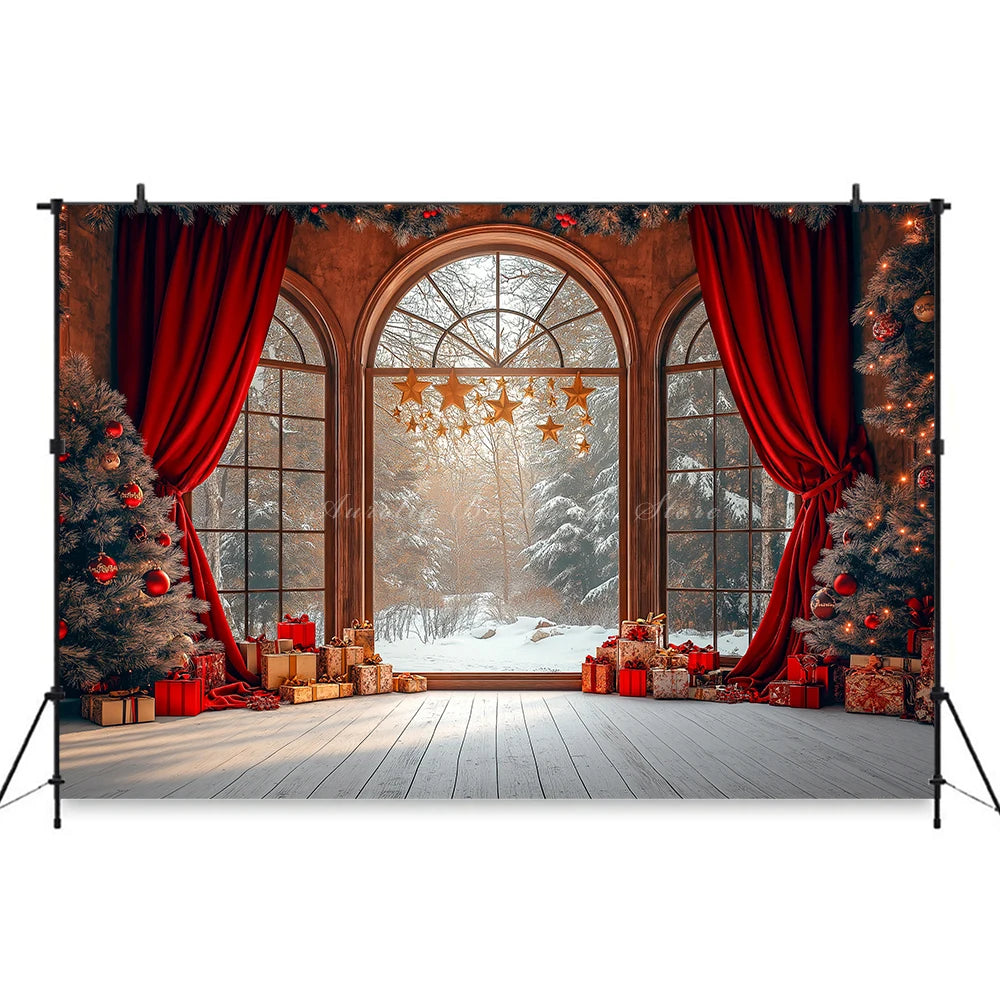 Large Window With Arched Frames and Red Curtain Photography Backdrop Baby Kids Portrait Family Party Photocall Decors
