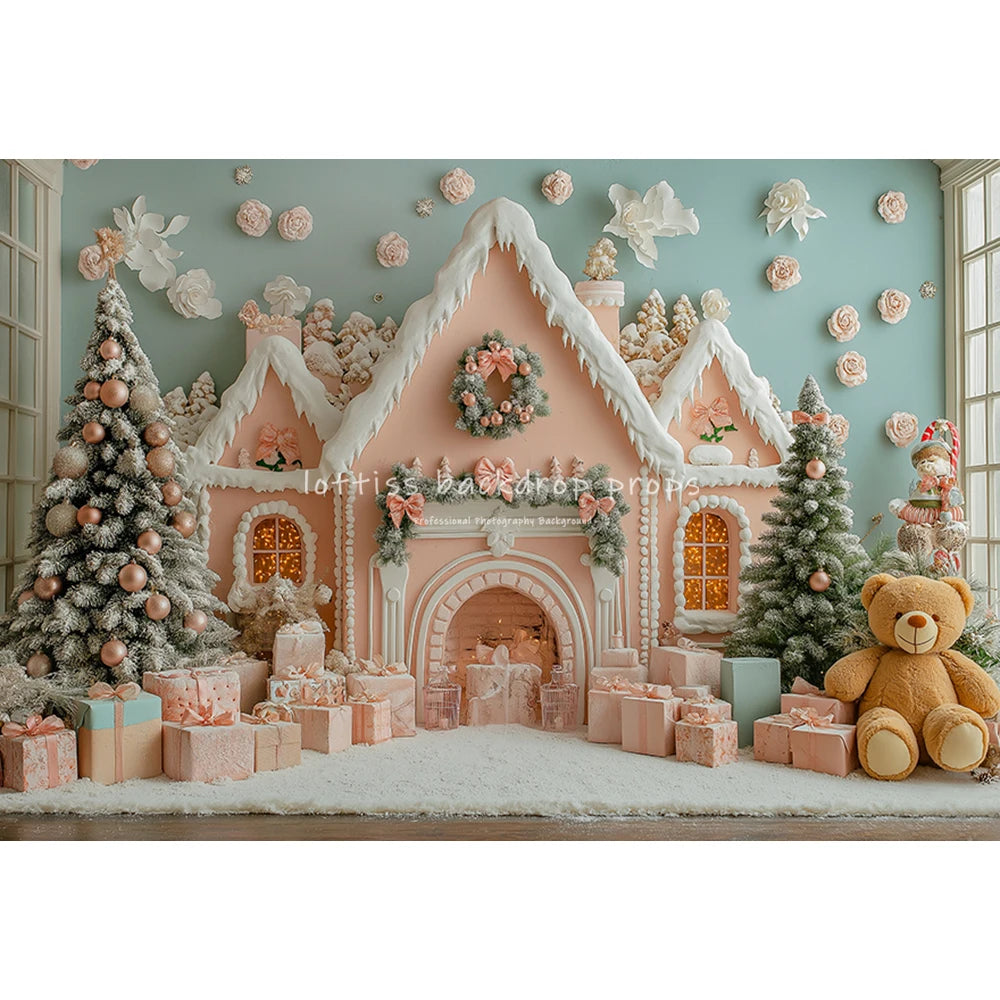 Winter Snowy Cottage Gingerbread House Backdrops Kids Baby Photography Fireplace Snowy Town Backgrounds