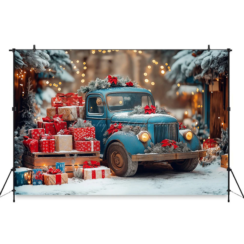 Backdrop With A Blue Vintage Truck and Gifts Winter Snowy Kids Baby Cake Smash Photography Props Girls Adult Birthday Background