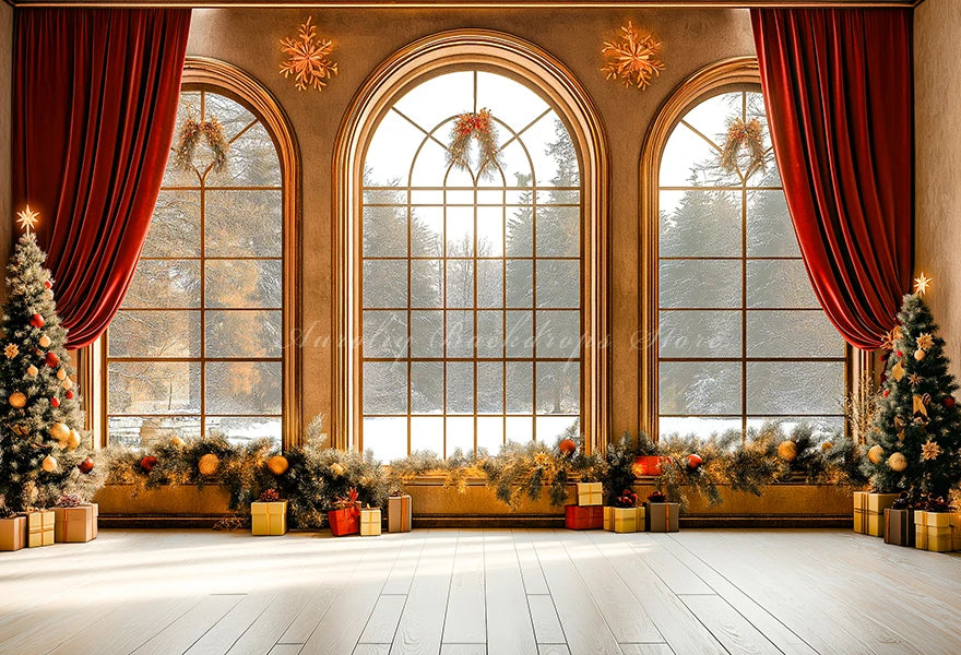 Large Window With Arched Frames and Red Curtain Photography Backdrop Baby Kids Portrait Family Party Photocall Decors