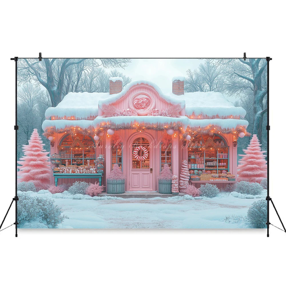 Cute Candy Store Decorated With Pastel Colors Photo Backdrop Vintage Trailer With Christmas Tree Kids Baby Cake Smash Background