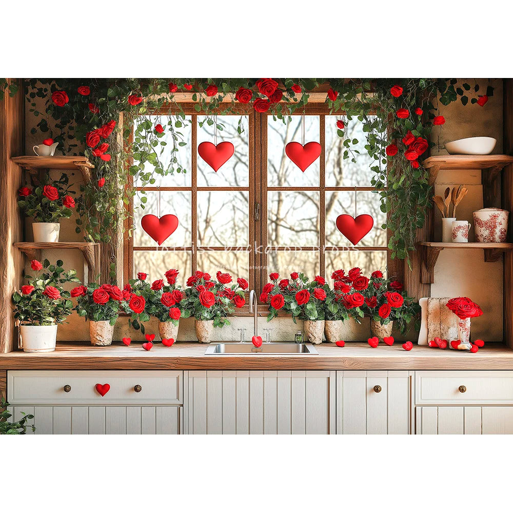 Valentine's Day Kitchen Backdrops Kids Lover Photography Child Baby Photocall Rose Windows Cooking Room Cupboard Backgrounds
