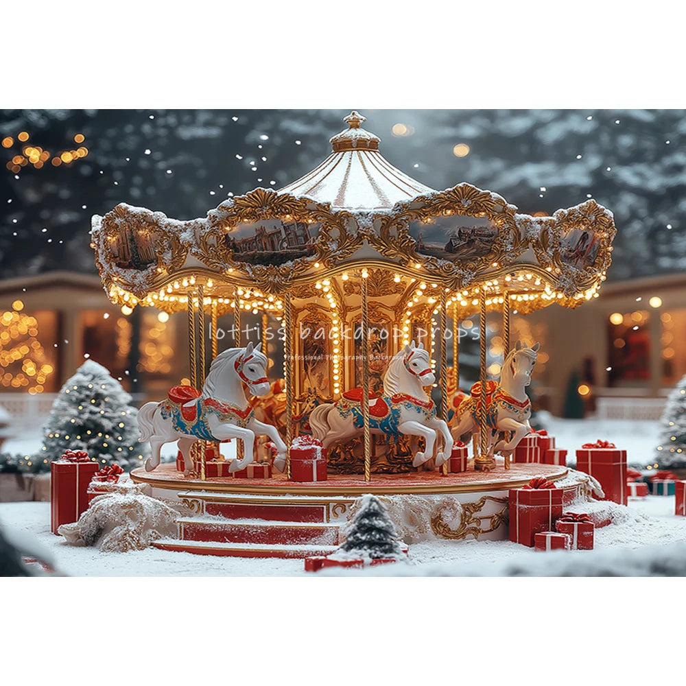 Winter Carousel Snowy Forrest Ferris Wheel Backdrops Kids Baby Photocall Christmas Trees Trains Backgrounds