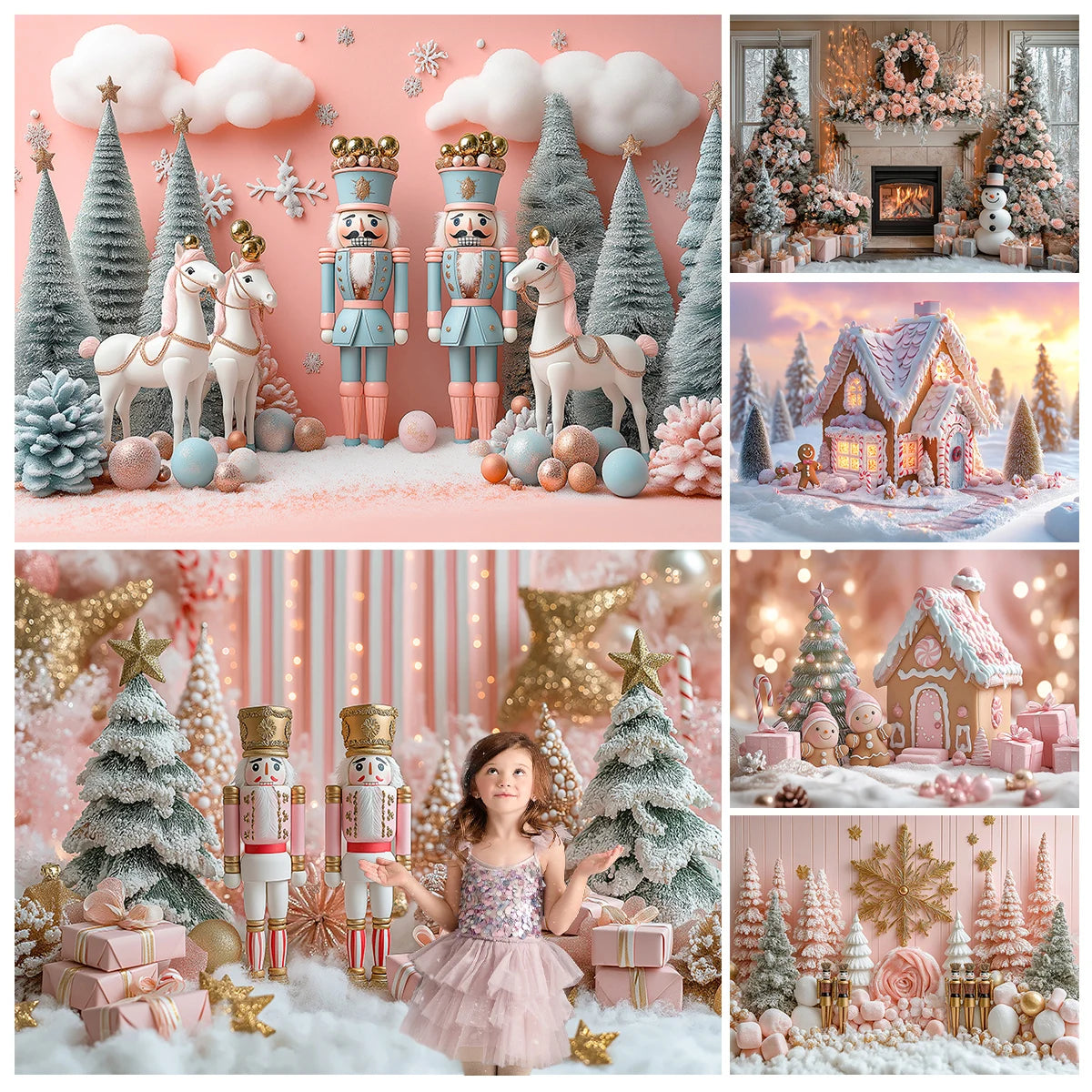 Christmas Pink Nutcracker Backdrops Kids Family Photography Child Baby Photocall  Gingerbread Cottage Backgrounds