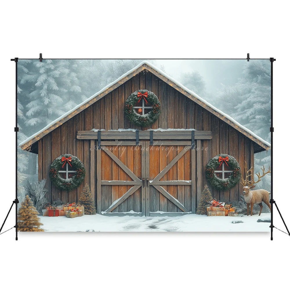 Christmas Backdrop Wooden Barn With Large Doors Kids Baby Cake Smash Photocall Decors Themed Carousel Studio Backgrounds