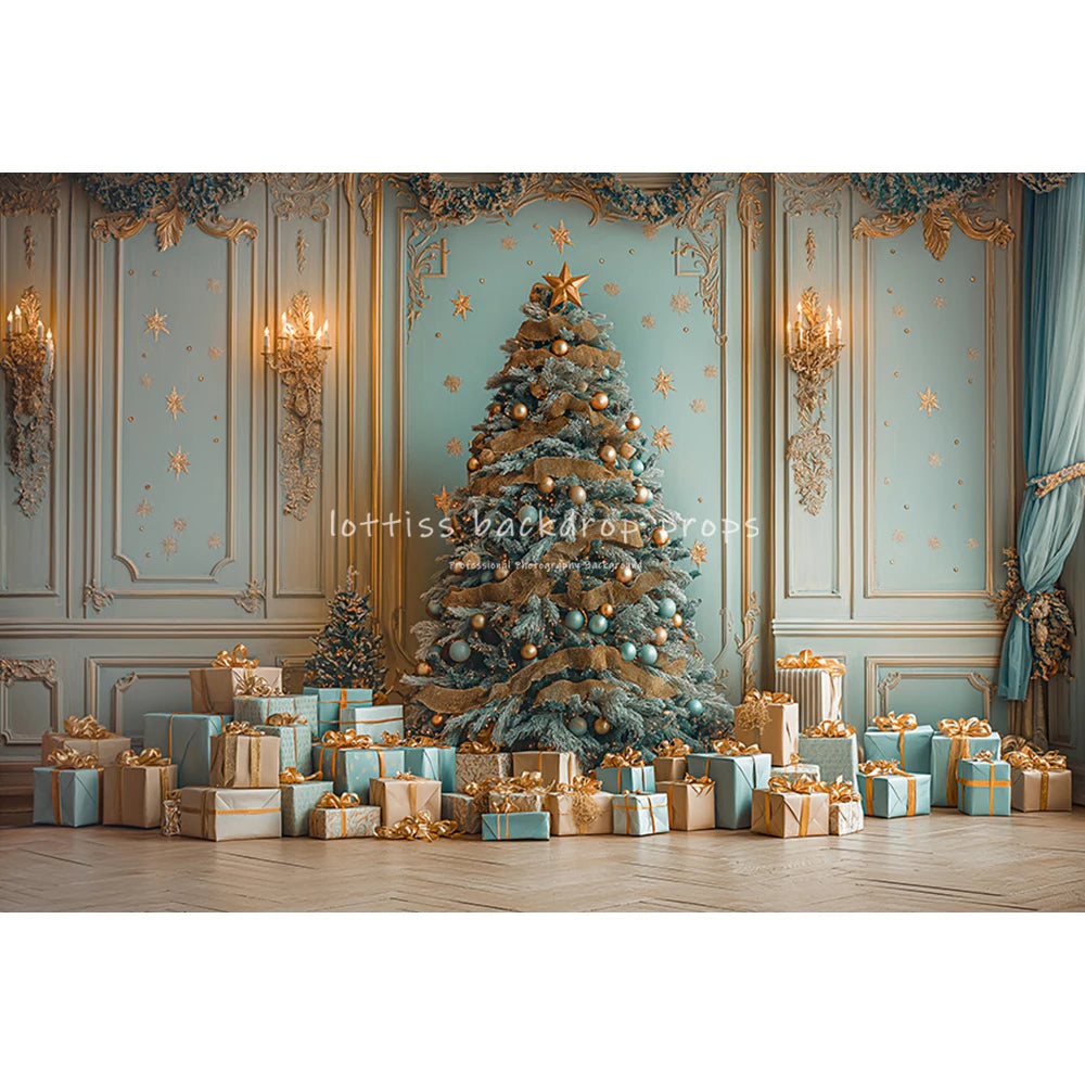 Big Christmas Tree With Blue Curtains Backdrops Kids Adult Photography Child Baby Photocall Cottage Xmas Decors Backgrounds