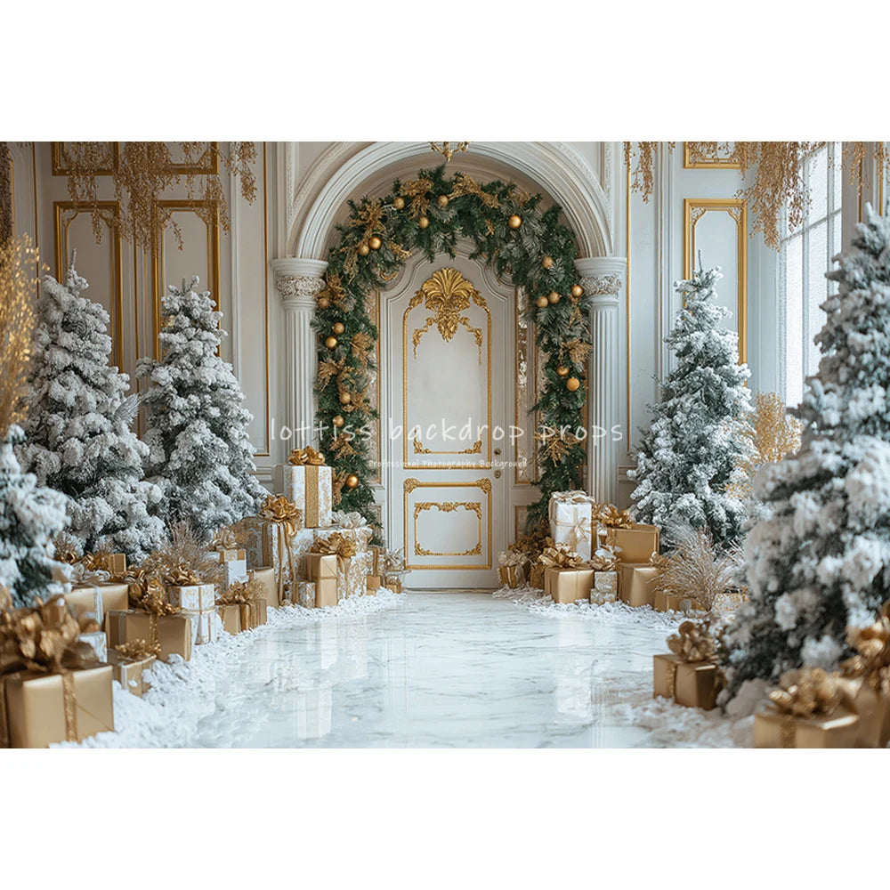 Winter Windows Arch Entrance Backdrops Kids Family Photography Child Adult Photocall  Golden Xmas Trees Castle Backgrounds