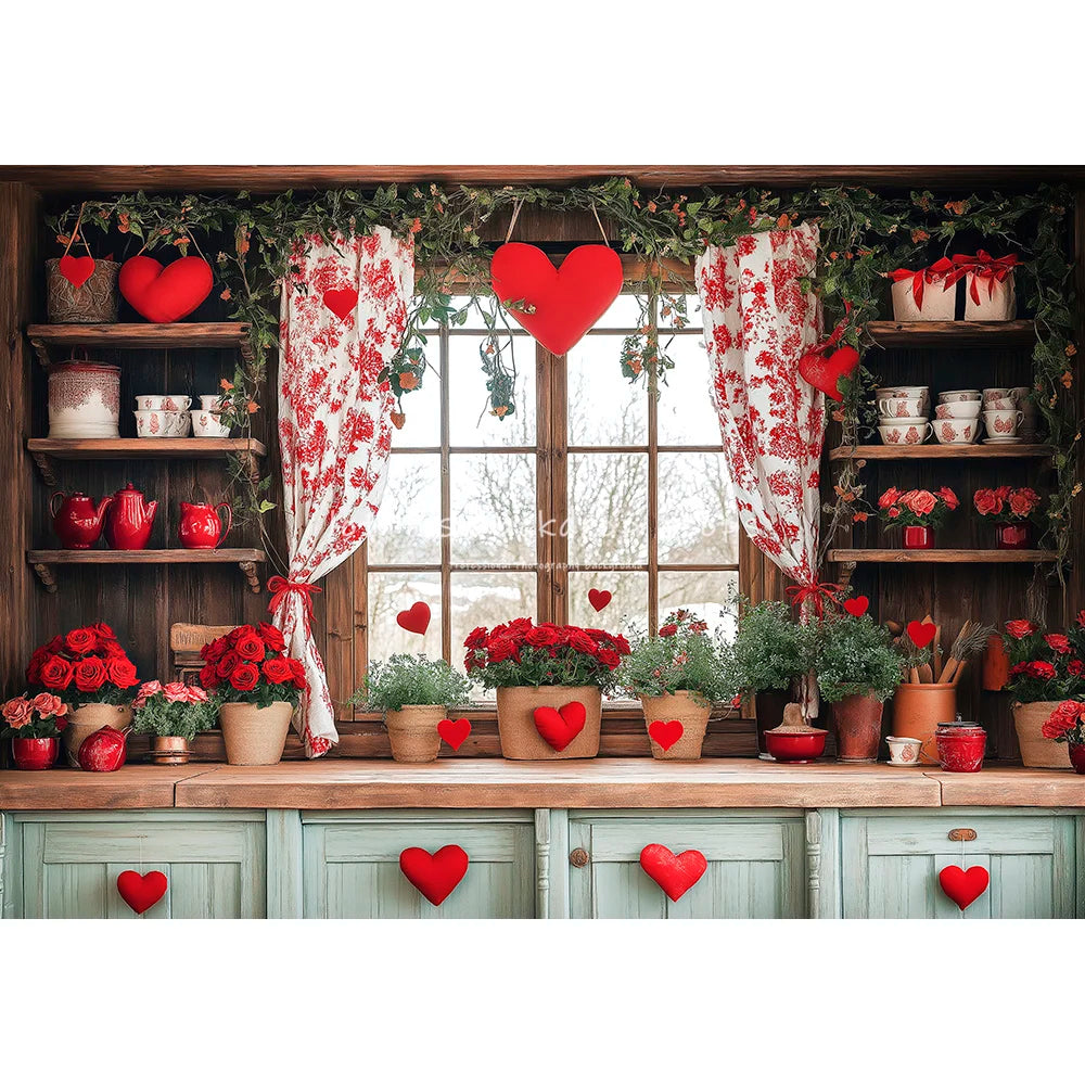 Valentine's Day Kitchen Backdrops Kids Lover Photography Child Baby Photocall Rose Windows Cooking Room Cupboard Backgrounds