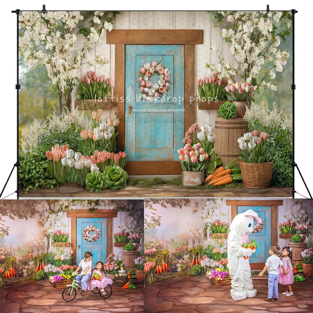 Easter Bunny Garden Backdrops Kids Baby Photography Child Adult Photocall  Eggs Floral Carrots Barn Rustic Door Backgrouds