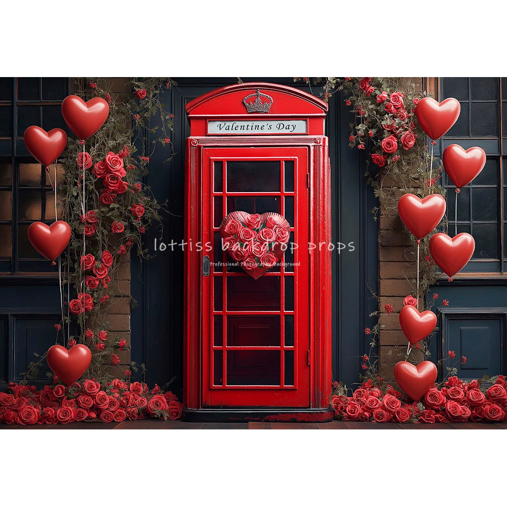 Valentine's Day Telephone Booth Backdrops Kids Lover Photography Streets Red Rose Balloons Decors Baby Valentine Backgrounds