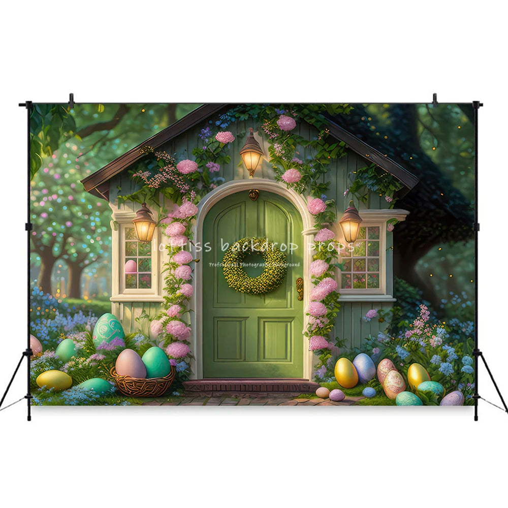 Easter Egg Cottage Garden Backdrops Kids Baby Photography Child Cake Smash Props Arch Spring Blooms Bunnies Backgrounds