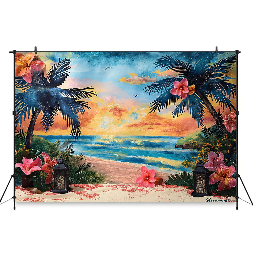 Summer Plam Trees Backdrop Sunset Kids Baby Cake Smash Photography Props Seaside Child Adult Happy Holiday Studio Backgrounds
