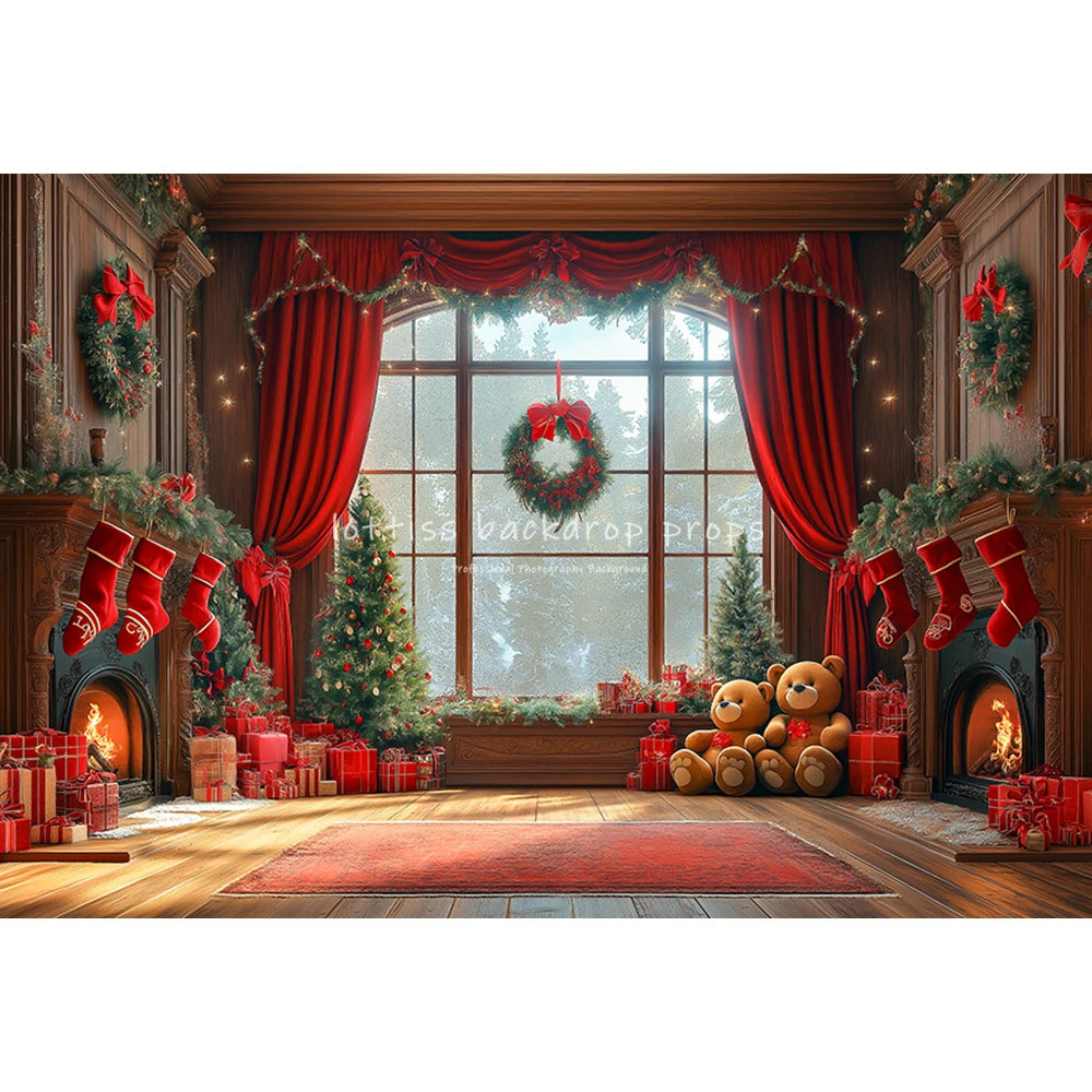 Xmas Trees Windows Backdrops Kids Adult Photography Child Baby Photocall Christmas Living Room Fireplace Backgrounds