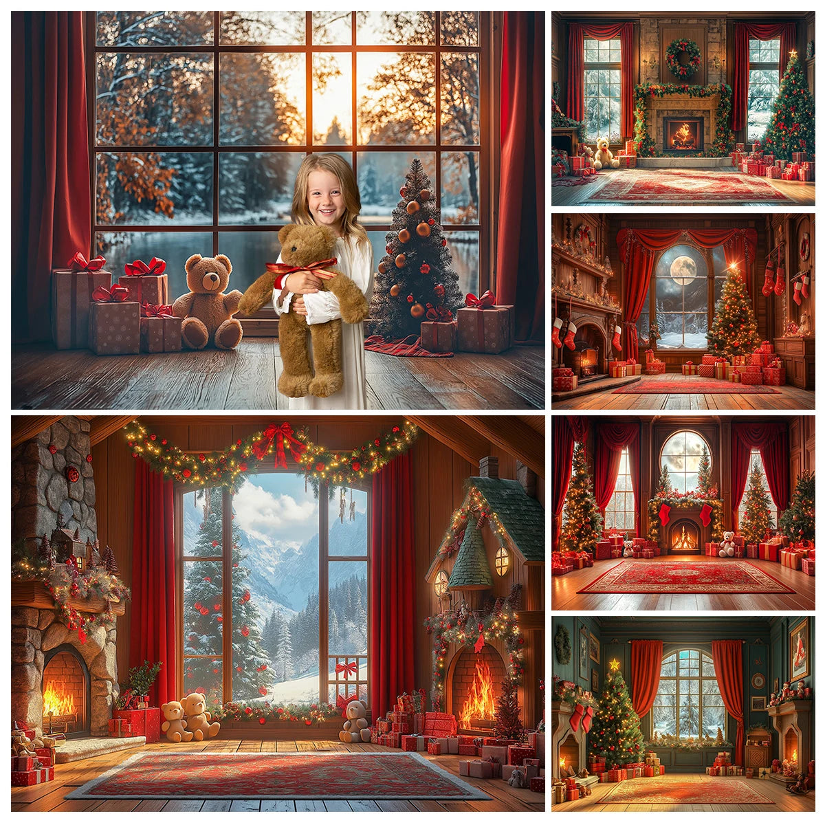 Xmas Trees Windows Backdrops Kids Adult Photography Child Baby Photocall Christmas Living Room Fireplace Backgrounds
