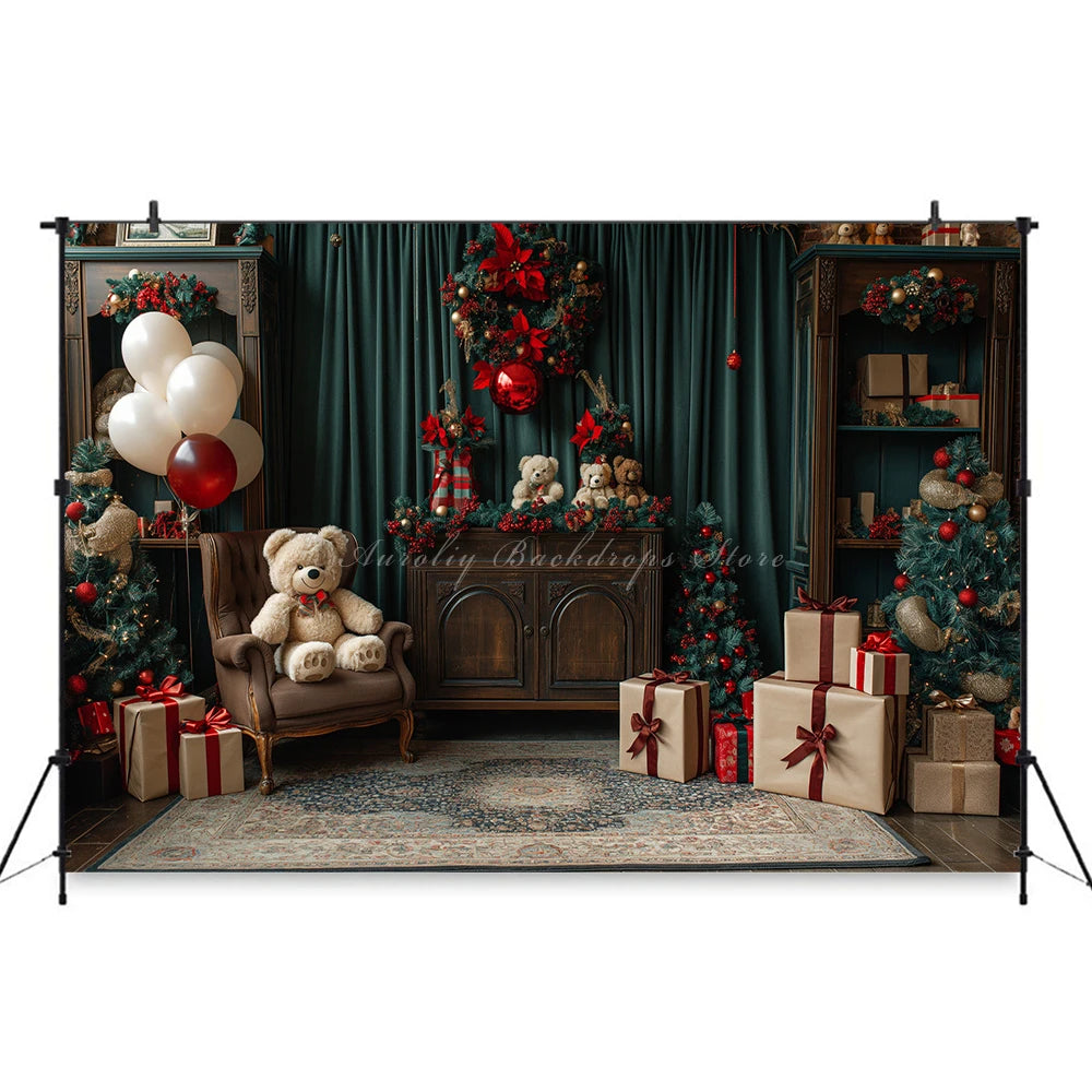 Christmas Theme Little Bear Backdrop Kids Baby Cake Smash Photography Props Fireplace Child Adult Photo Studio Backgrounds