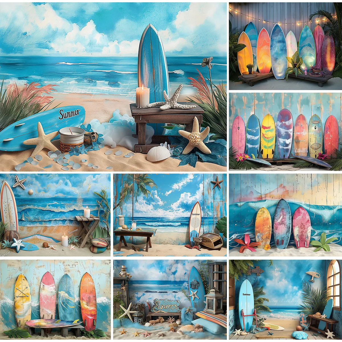 Summer Beach Surfboard Photography Backdrop Kids Baby Cake Smash Photocall Decors Seaside Blue Sky Child Adult Photo Backgrounds