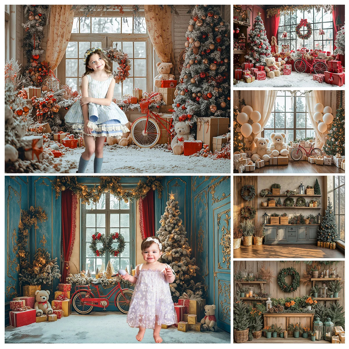 Christmas Streets Bicycle Cottage Backdrops Kids Adult Photography Props Child Photocall Winter Window Snowflake Backgrounds