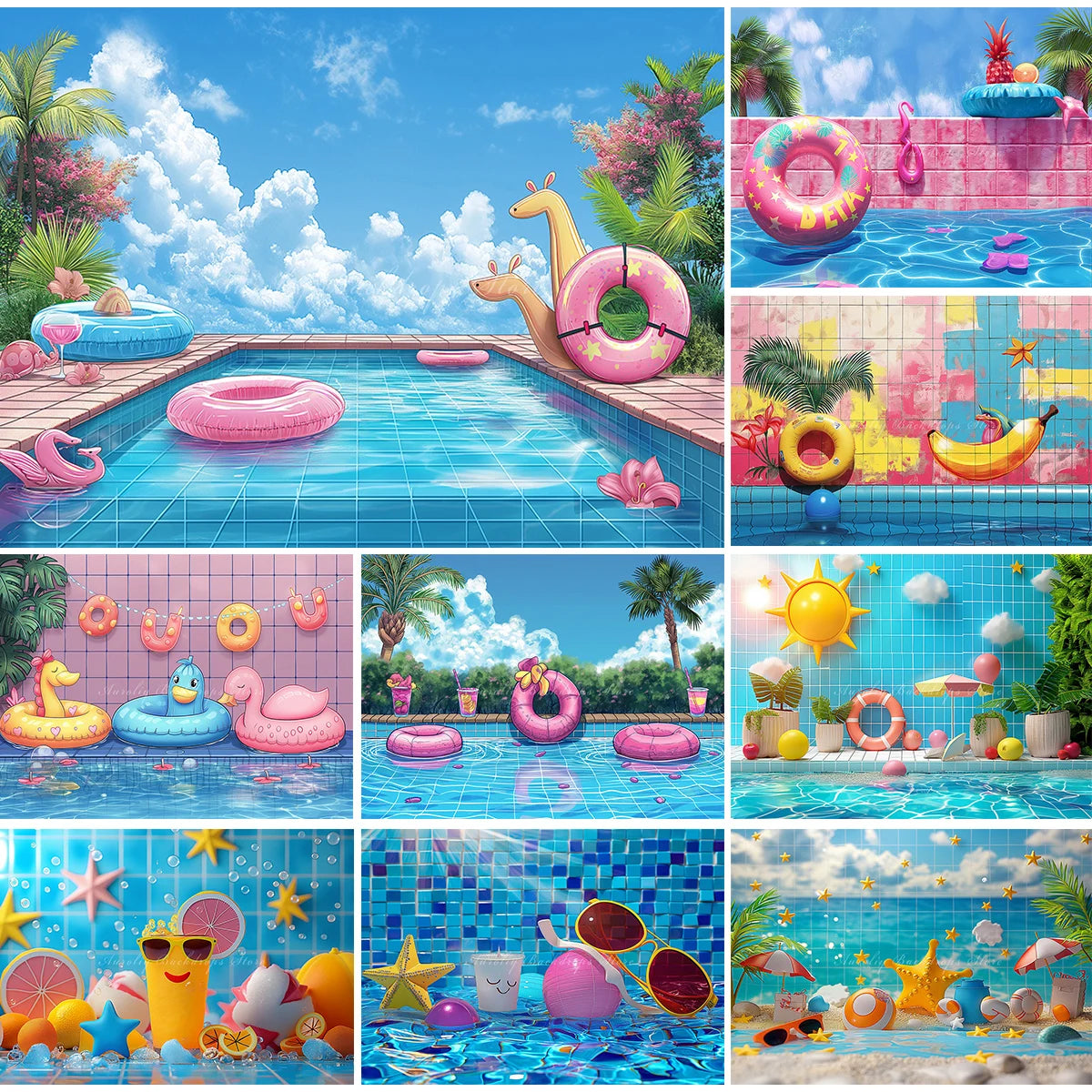 Swimming Pool Photography Backdrop Kids Baby Cake Smash Photocall Decors Summer Holiday Child Adult Birthday Backgrounds