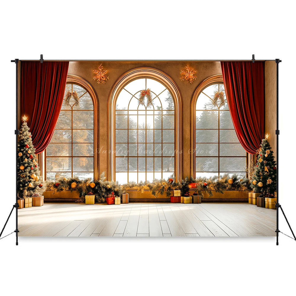 Large Window With Arched Frames and Red Curtain Photography Backdrop Baby Kids Portrait Family Party Photocall Decors