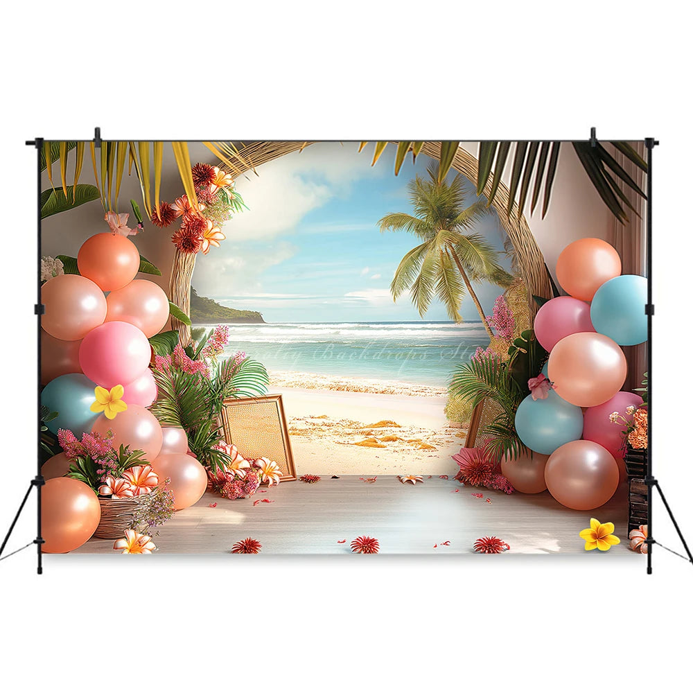 Hawaii Theme Photography Backdrop Room Set Up With Balloons and Plam Trees Kids Baby Cake Smash Photocall Studio Backgrounds