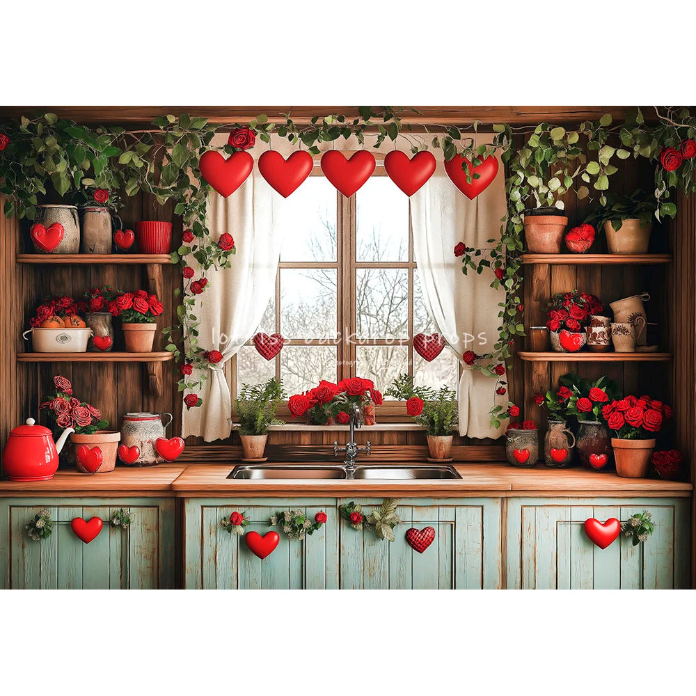 Valentine's Day Kitchen Backdrops Kids Lover Photography Child Baby Photocall Rose Windows Cooking Room Cupboard Backgrounds
