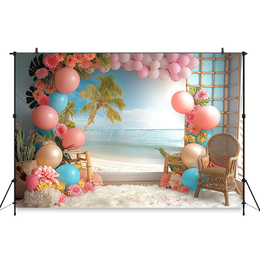 Hawaii Theme Photography Backdrop Room Set Up With Balloons and Plam Trees Kids Baby Cake Smash Photocall Studio Backgrounds