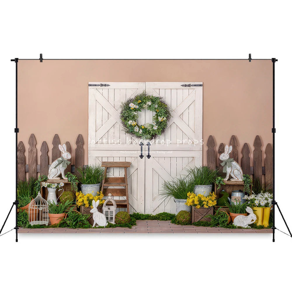 Easter Egg Cottage Garden Backdrops Kids Baby Photography Child Cake Smash Props Arch Spring Blooms Bunnies Backgrounds