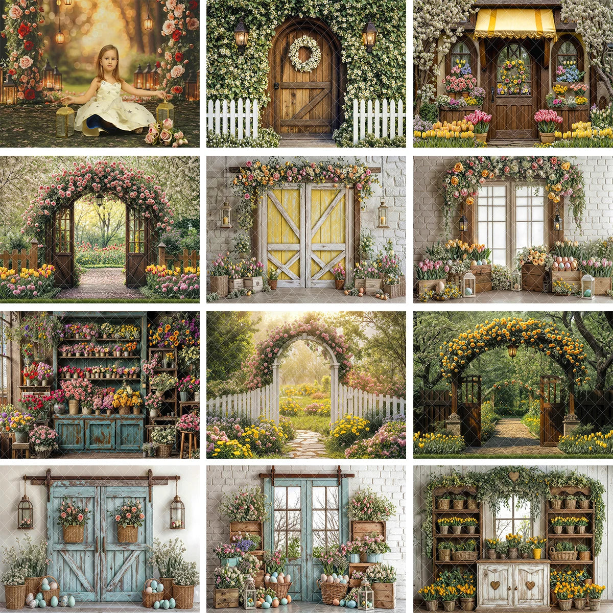 Easter Spring Barn Doors Backdrops Kids Adult Photography Wooden Barn Door Bunny Eggs Garden Entrance Floral Garden Backgrounds
