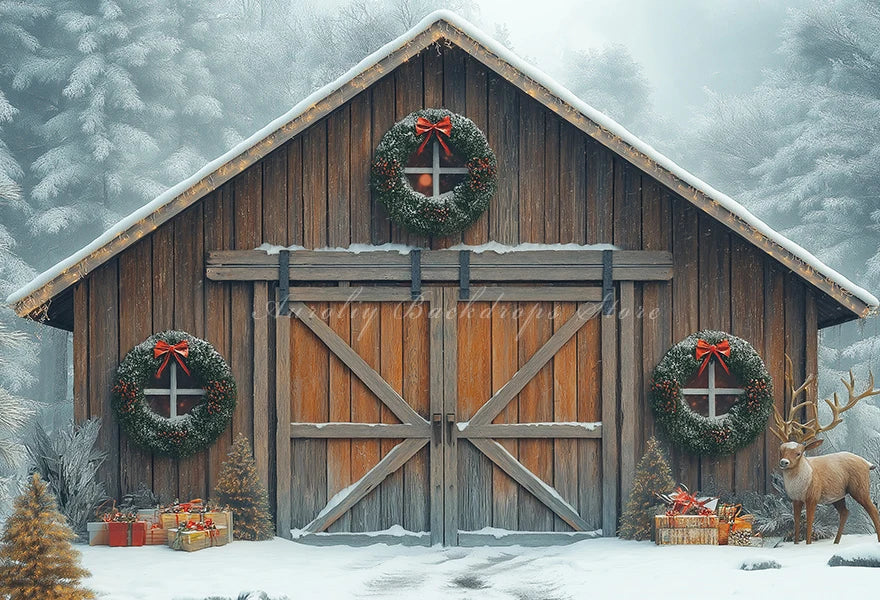 Christmas Backdrop Wooden Barn With Large Doors Kids Baby Cake Smash Photocall Decors Themed Carousel Studio Backgrounds