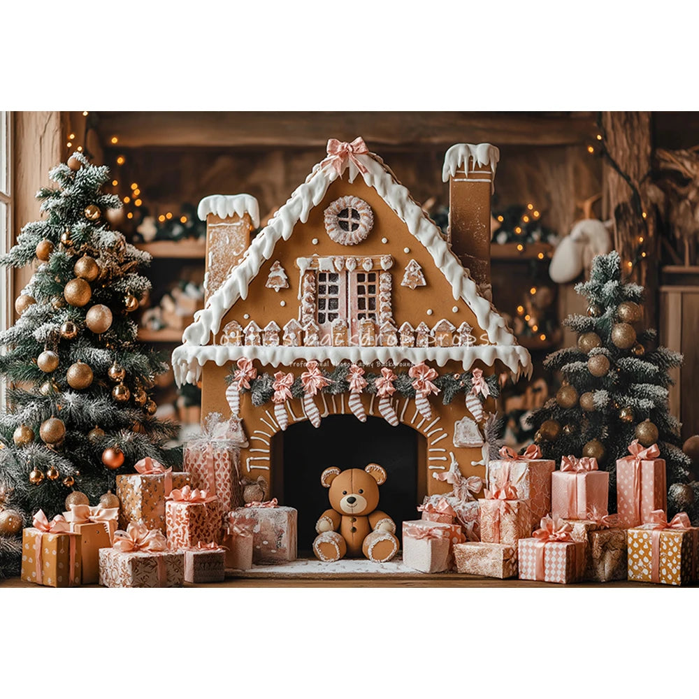 Winter Snowy Cottage Gingerbread House Backdrops Kids Baby Photography Fireplace Snowy Town Backgrounds