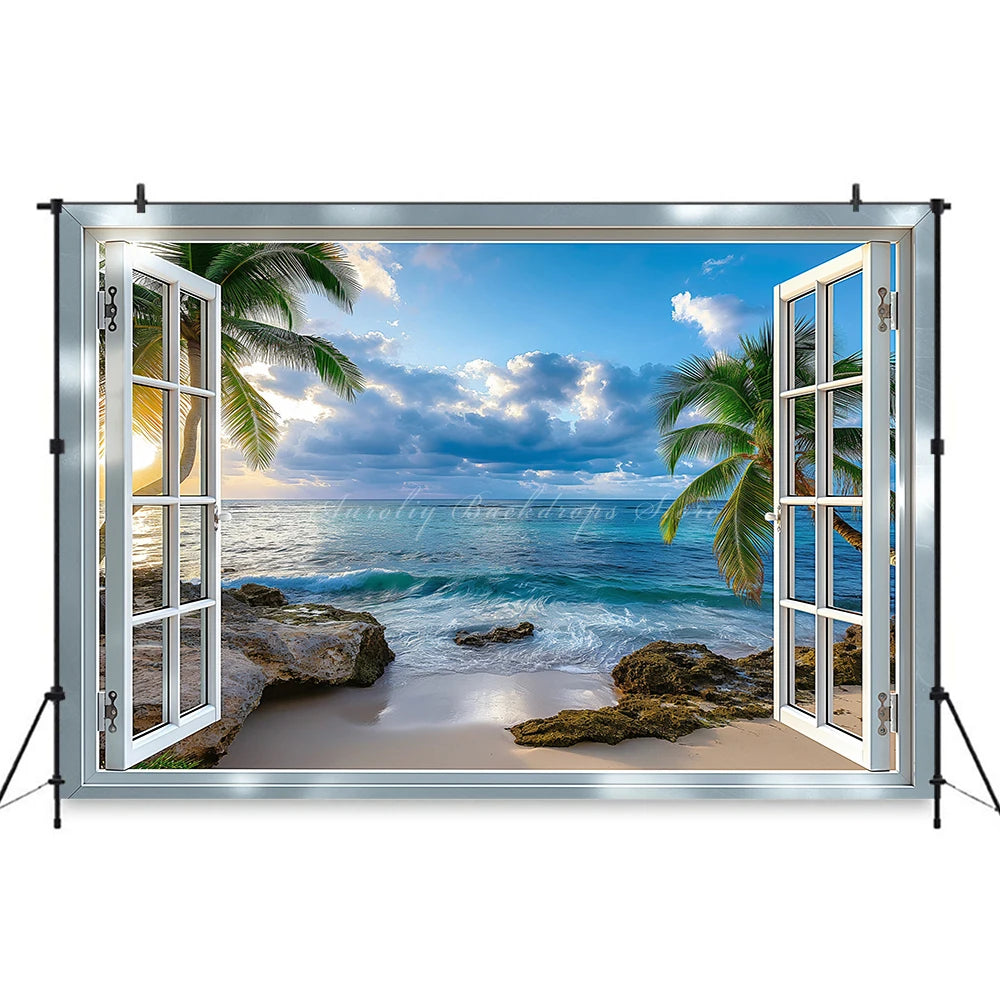 Summer Seaside Plam Trees Backdrop Kids Baby Cake Smash Photography Props Beach Outside Window Child Adult Photo Backgrounds