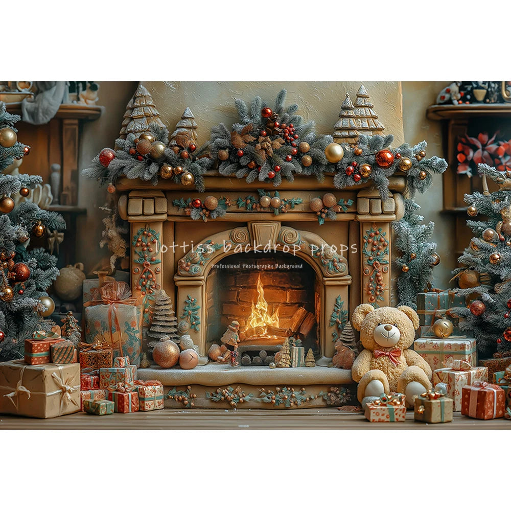 Winter Snowy Cottage Gingerbread House Backdrops Kids Baby Photography Fireplace Snowy Town Backgrounds