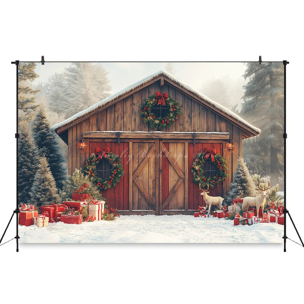 Christmas Backdrop Wooden Barn With Large Doors Kids Baby Cake Smash Photocall Decors Themed Carousel Studio Backgrounds