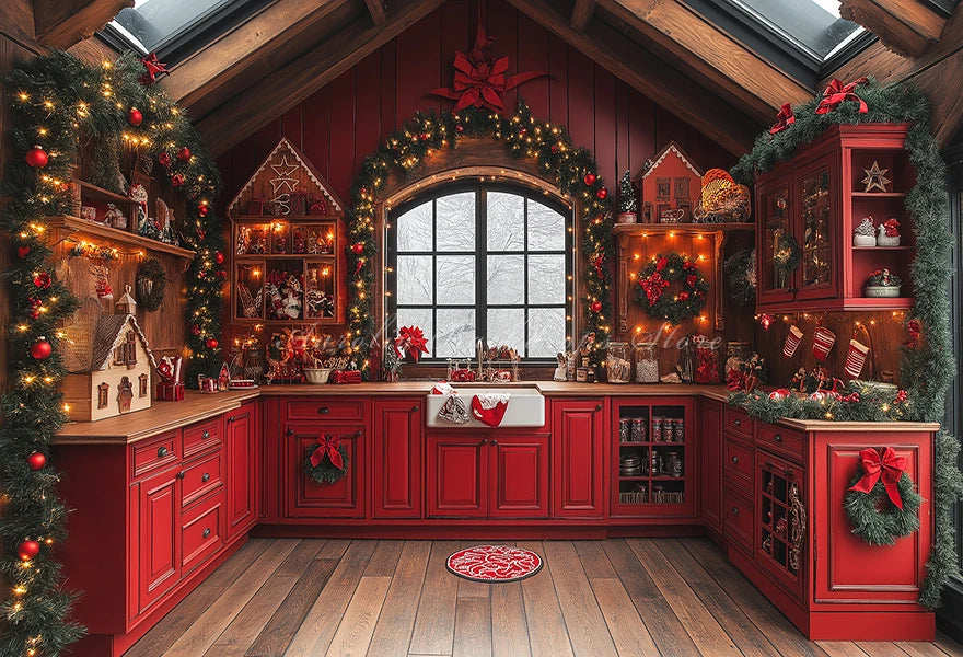 Christmas Red Kitchen With Gingerbread House Backdrop Green Cabinet Kids Baby Cake Smash Photography Props Studio Backgrounds