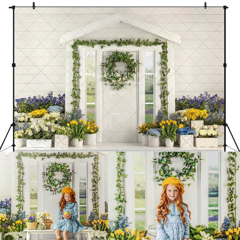 Easter Bright Floral Farmhouse Backdrops Spring Photography Child Baby Photocall Decors Floral Cottage Door Backgrounds