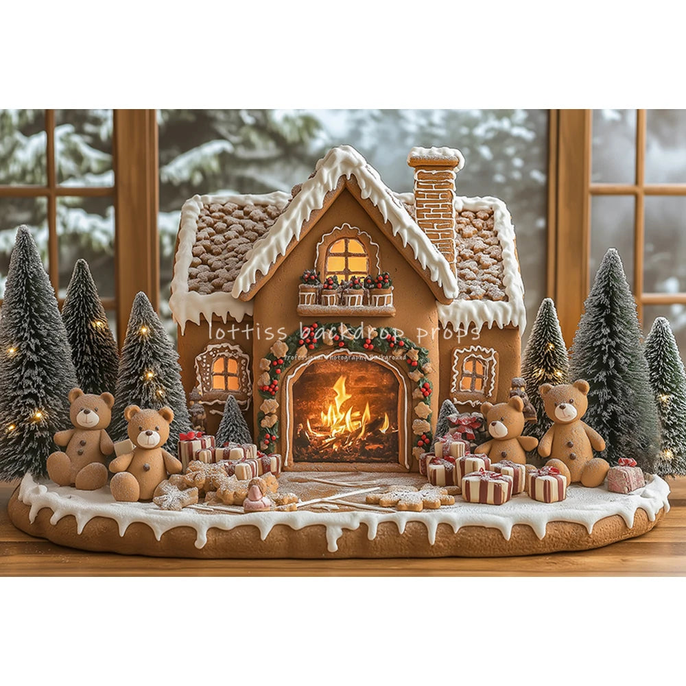 Winter Snowy Cottage Gingerbread House Backdrops Kids Baby Photography Fireplace Snowy Town Backgrounds