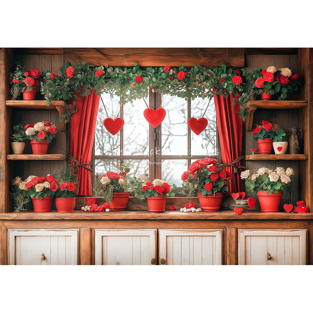 Valentine's Day Kitchen Backdrops Kids Lover Photography Child Baby Photocall Rose Windows Cooking Room Cupboard Backgrounds
