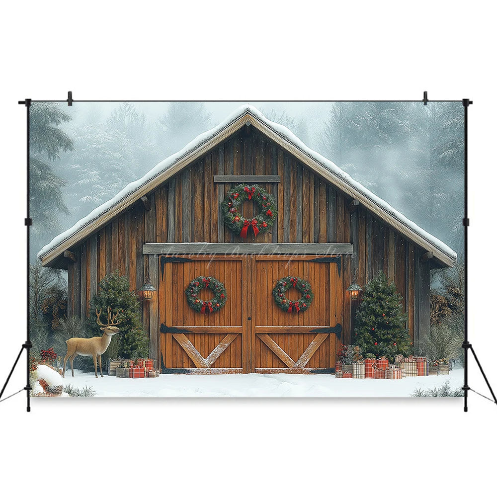 Christmas Backdrop Wooden Barn With Large Doors Kids Baby Cake Smash Photocall Decors Themed Carousel Studio Backgrounds