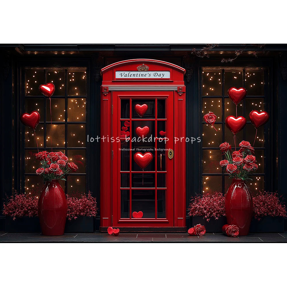 Valentine's Day Telephone Booth Backdrops Kids Lover Photography Streets Red Rose Balloons Decors Baby Valentine Backgrounds